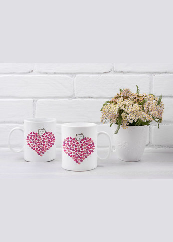 Парні чашки кружки Серце з сердечок котик для Закоханих Біла 330 мл Orca (316262683)