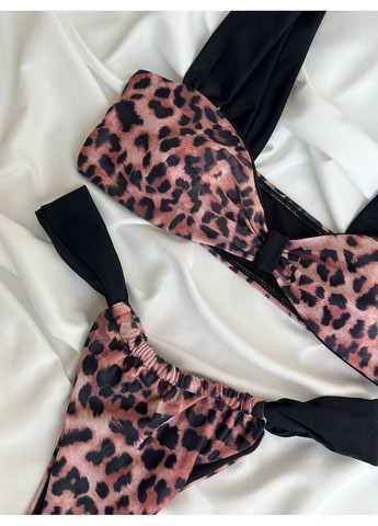 Комбинированный летний женский купальник леопардовый с черными бретелями / женский купальник розовый лео с высокими трусиками No Brand