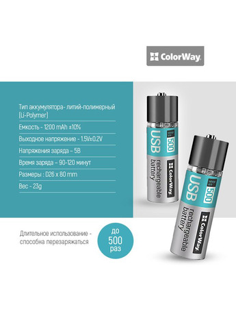Акумулятори AA USB 1200 мАг 1.5В 2 шт (CW-UBAA-02) Colorway (316696587)