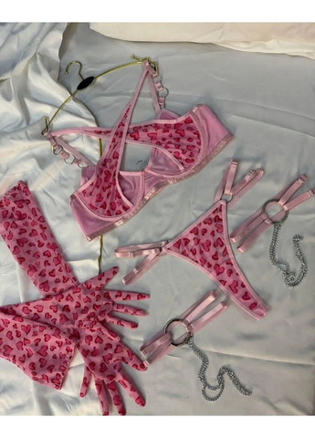 Розовый демисезонный роскошный комплект женского белья love pink, гламурный набор в сердечках с портупеями и перчатками No Brand комплект жіночої білизни Love pink рожевий