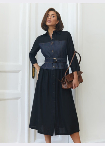 Черное кэжуал платье-рубашка с имитацией корсета чёрное рубашка Dressa однотонное