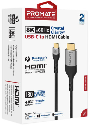 Кабель USB Type-C – HDMI V 2.1 (M/M), 1.8 м, Grey (mediacord-8k.grey) Promate (370616903)