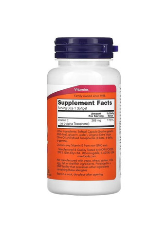 Вітаміни та мінерали Vitamin E-400 with Mixed Tocopherols, 100 капсул Now (322209942)