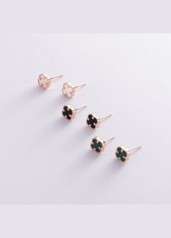 Cерьги - пусеты Клевер с малахитом mini (красное золото) с08404 Oniks (264295604)