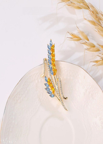 Золотиста патріотична подвійна брошка Колосся пшениці з кристалами символ України жовто блакитна Fashion Jewelry (292144537)