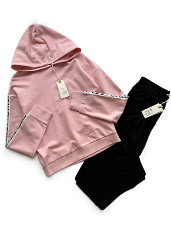 Пудровий демісезонний комплект для дівчинки худі з капюшоном 2000-88 + легінси чорні трикотажні 2000-87 (170 см) OVS