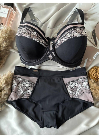 Черный черно бежевое женское белье комплект большого размера Lanny Mode
