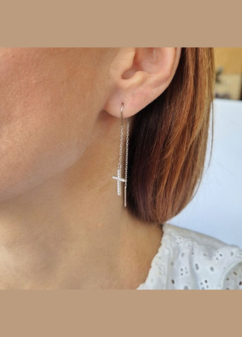 Срібні сережки протяжки цепочки Хрест в Білих каменях срібло 925 проби Родоване с2ф/299 1.50г No Brand (306743431)