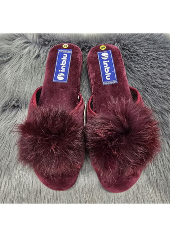 Тапочки жіночі бордові на танкетці з відкритим носком та хутряним помпоном Inblu (366144542)