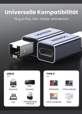 Перехідник USB C на USB B Printer для принтера, жорсткого диска, док станції, факсу Grey (US382) 20120 Ugreen (300523796)