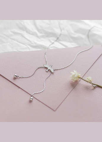 Колье серебряное Птичка с белой эмалью и двумя бусинами на цепочках Каштан (342334691)