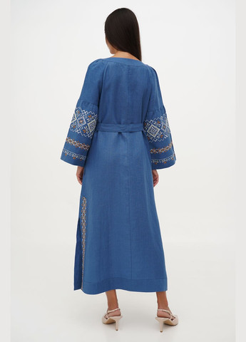 Синя вишита сукня з льону під пояс із геометричним орнаментом та рукавом реглан обрій., р., код 0403/44/369 ГАЛЕРЕЯ ЛЬОНУ