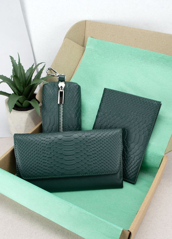 Подарунковий жіночий набір №92: гаманець Leona + обкладинка на паспорт + ключниця (зелений пітон) HandyCover (283323775)
