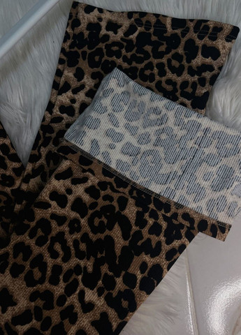 Коричневые демисезонные леггинсы клеш в рубчик с ярким принтом Україна