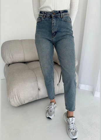 Якісні турецькі джинси МОМ із 4-ма кишенями з тканини: джинс(не тягнеться), трендові сині джинси на високій посадці 3 No Brand - (282970344)