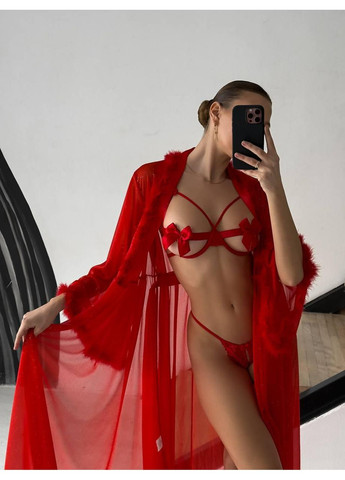 Халат прозорий із пір’ячком і блиском. Халат жіночий довгий червоного кольору з пір’ям і атласним поясом. No Brand (366571573)