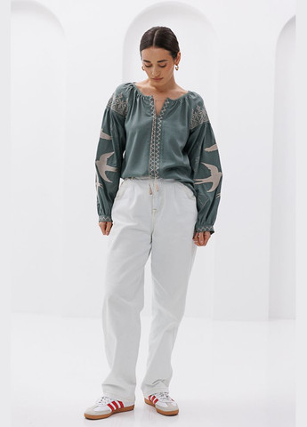 Зелена жіноча вишиванка з ластівками гладдю темно-оливкова Arjen льон (296470924)