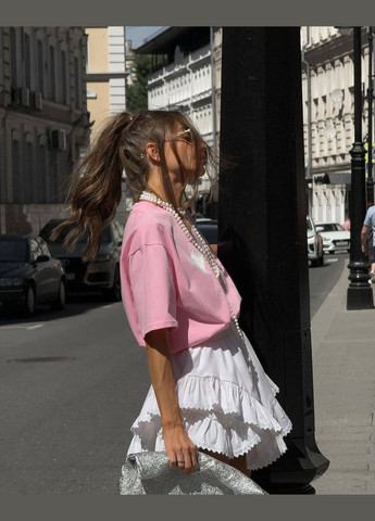 Розовая футболка из турецкого кулира с принтом сердечек на груди,стильная и комфортная для любого образа No Brand 238 - (316302130)