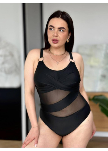 Чорний літній жіночий суцільний купальник плюс сайз з сіточкою / жіночий купальник великих розмірів чорний з прозорими вставками No Brand