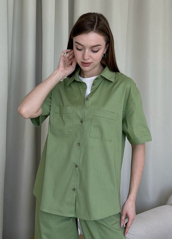 Зеленая классическая, повседневный, кэжуал рубашка однотонная Merlini с коротким рукавом