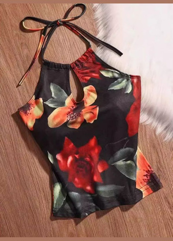 Жіноча майка з зав'язкою на шию чорна з яскравими квітами No Brand — 336960776