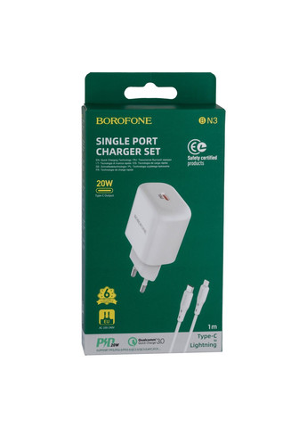 Сетевое Зарядное Устройство BN3 Premium PD 20W Type-C to Lightning QC3.0 Цвет Белый Borofone (337993750)