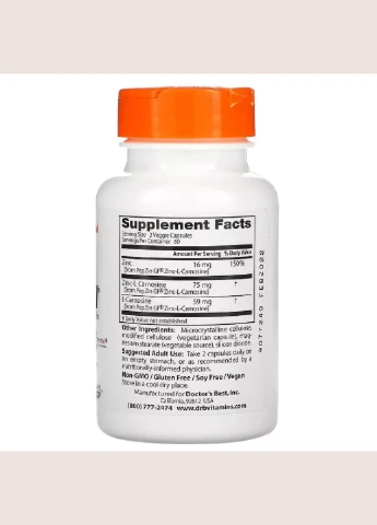 Цинк Карнозін Комплекс, PepZin,, 120 вегетаріанських капсул Doctor's Best (292005579)