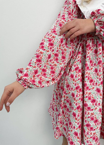 Комбинированное кэжуал мини платье клеш-солнце на пуговицах с цветочным узором, отложным воротником с рюшами и рукавами фонарик с юбкой-солнце Tik-Tak с цветочным принтом