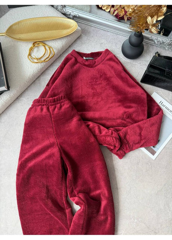 Бордовая зимняя женская махровая пижама кофта + брюки FINO Mode