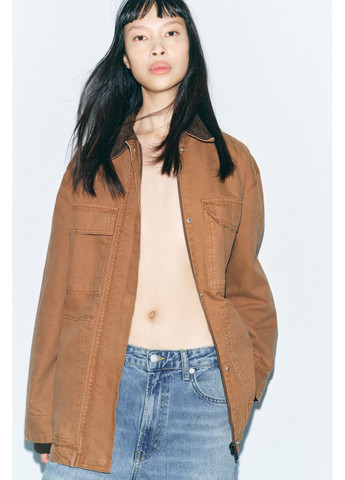 Коричнева демісезонна стильна оверсайз куртка з контрасним коміром куртка-піджак Zara джинсова куртка сорочка оверсайз