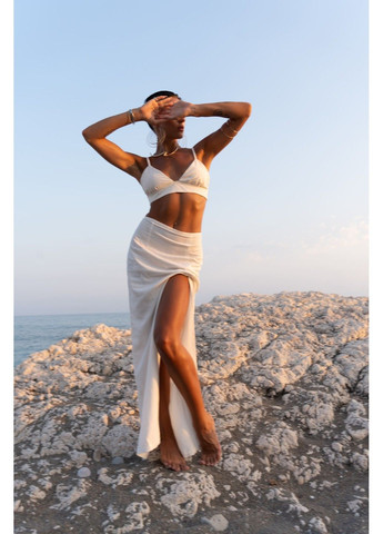 Комплект жіночий на літо льон топ + спідниця з квітками CUBA молочний Handy Wear (298050963)