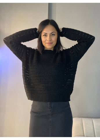 Черный демисезонный свитер женский 6766 ажурная вязкая прозрачная сетка паутинка MIX RAY