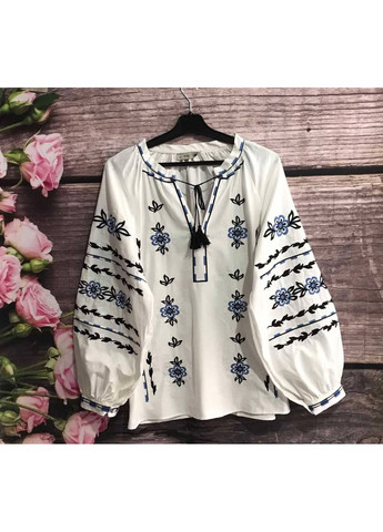 Белая цветная белая блуза вышиванка, украинская вышиванка, этно рубашка с цветочной вышивкой, вышиванка с голубыми цветами узор цветочный свободная, прямой хлопок, полиэстер (349768114)