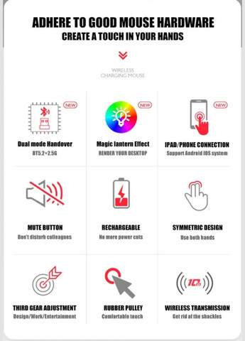 Бездротова акумуляторна мишка з RGB-підсвіткою, роздільна здатність 1600DP, Bluetooth 5.2 і WiFi 2.4 GHz LOT (342067587)