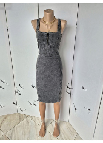 Серое повседневный платье сарафан джинсовое с замком на декольте No Brand