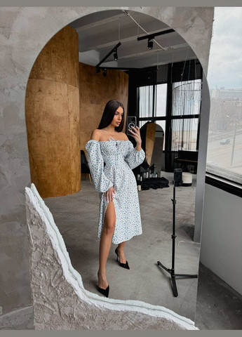 Белоснежное праздничный, повседневный, кэжуал женское платье FINO Mode с цветочным принтом