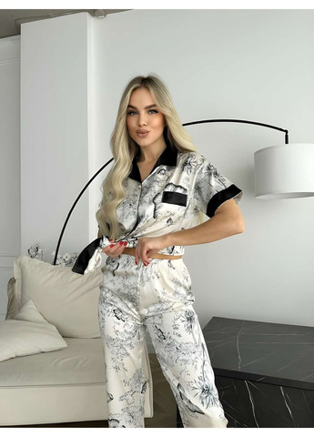 Белая женская шелковая пижама для дома рубашка и брюки шелковые черно-белая. No Brand