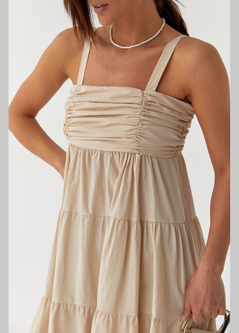 Бежевое повседневный летний сарафан из прошвы на одном бретеле белый цвет 40р. с открытыми плечами No Brand однотонное