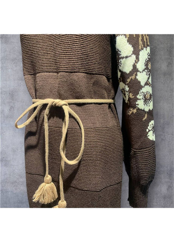 Коричнева в'язана тепла сукня з квітами етно сукня шерсть коричнева No Brand з квітковим принтом