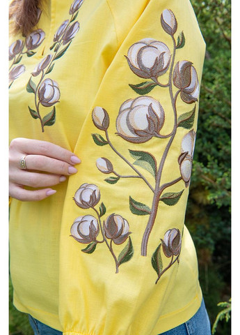 Жовта жіноча лляна блуза жовтого кольору з вишивкою білої бавовни на рукавах і грудях в етно стилі, m льон (301033943)