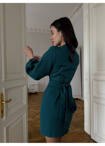 Смарагдова сукня міні на запах смарагдового кольору 34551 на запах Fashion однотонна