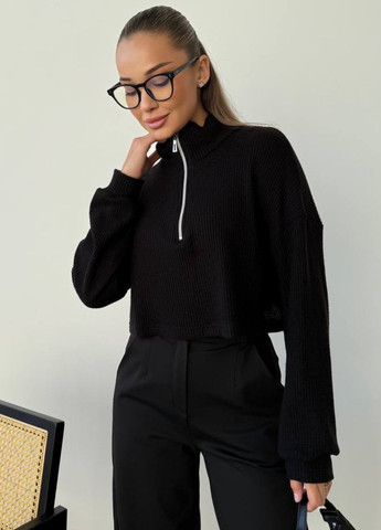 Черный демисезонный повседневный укороченный свитер на молнии с стойкой воротником Tik-Tak