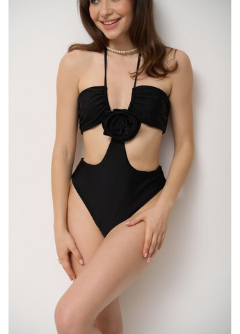 Черный летний купальник женский сплошной с черным цветком rose черный слитный Handy Wear