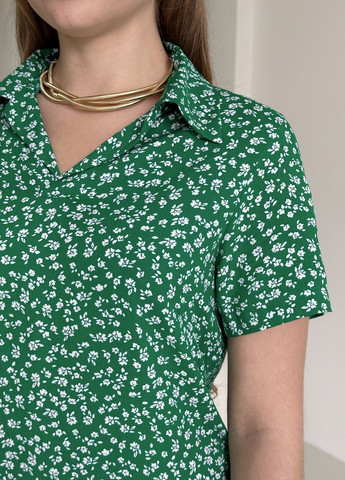 Зелена пляжна, повсякденний, кежуал, коктейльна літня легка сукня-поло з пояском в квіточку зі штапелю поло Merlini леопардовий