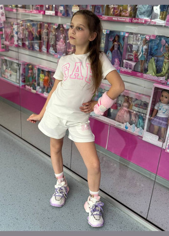 Білий літній дитячий літній костюм для дівчинки: футболка + шорти з шортами MonCher