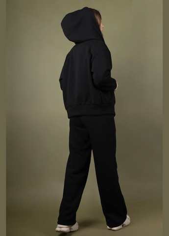 Спортивний костюм жіночий чорний фліс кофта на блискавці та штани клеш No Brand На блисканці з копюшоном (315355077)