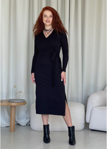 Черное деловое, повседневный, коктейльное, вечернее теплое зимнее платье на запах в рубчик на флисе (солоха в подарок) на запах Merlini однотонное