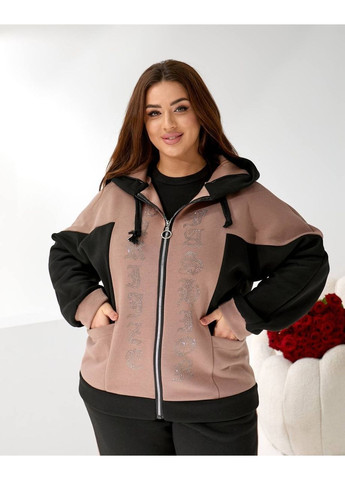 Жіночий батал спортивний костюм теплий на флісі чорний-мокко блискучі стрази великий розмір Bonita Спортивний костюм (368540572)