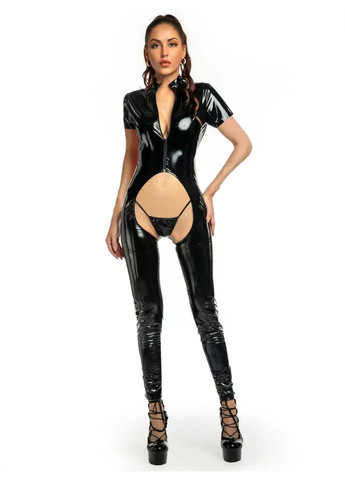 Черный демисезонный латексный комбинезон. сексуальный костюм из латекса. женский комбинезон со стрингами. No Brand
