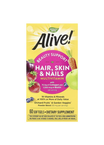 Мультивітаміни для волосся, шкіри та нігтів, смак полуниці, Alive! Hair, Skin & Nails Multi-Vitamin,, 60 гелевих капсул Nature's Way (315145916)